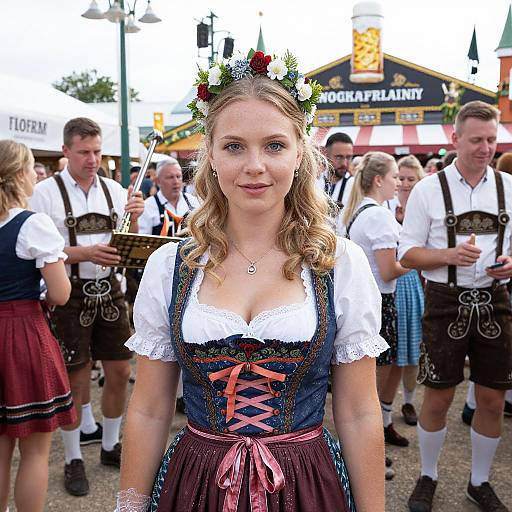 Photograph of a blonde woman in a traditional German dirndl with floral crown, lace-trimmed white blouse, and dark bodice, standing in