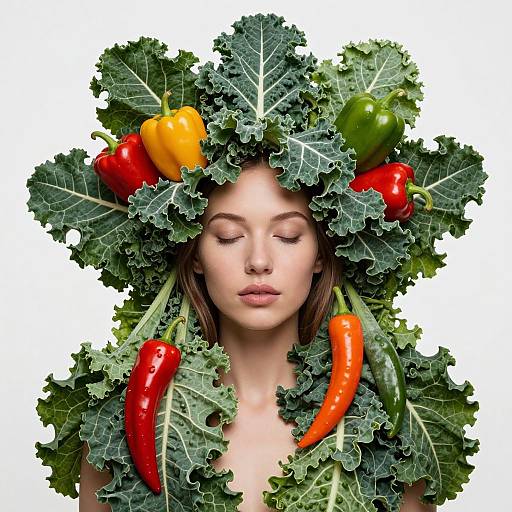 Photograph of a serene young woman with closed eyes, wearing a leafy green headpiece adorned with colorful bell peppers and chili peppers, set against a
