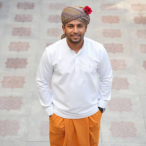 Photograph of a smiling South Asian man with a brown beard, wearing a white long-sleeve shirt, orange pants, and a patterned tur