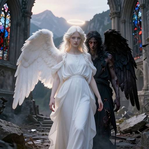 Photograph of a pale, blonde angel with white wings in a flowing white dress, accompanied by a dark, shadowy figure with black wings, in