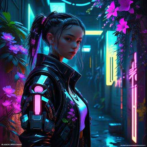 Futuristic Young Woman in Cyberpunk Alley