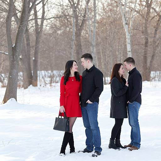Photograph of a couple in red and black winter clothes standing in a snowy forest, smiling and holding hands with another couple.