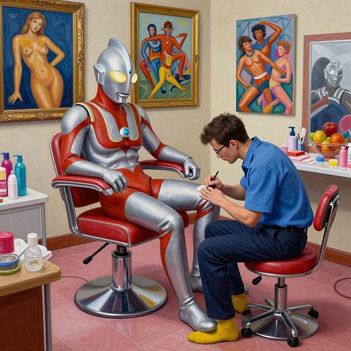 Photorealistic digital art: A humanoid robot with silver and red armor, seated on a red chair, gets a manicure from a man in glasses