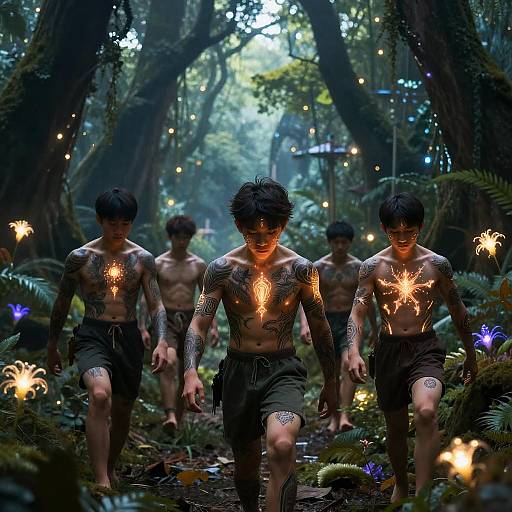 Glowing Tattooed Warriors' Mythical Quest