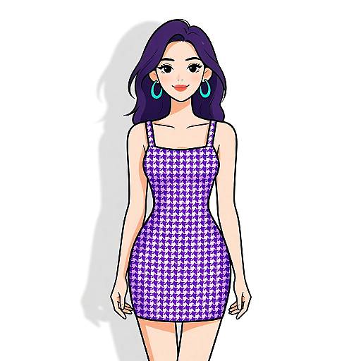 Digital illustration of a smiling woman with long purple hair, wearing a tight, purple and white houndstooth pattern dress, and blue hoop earrings,