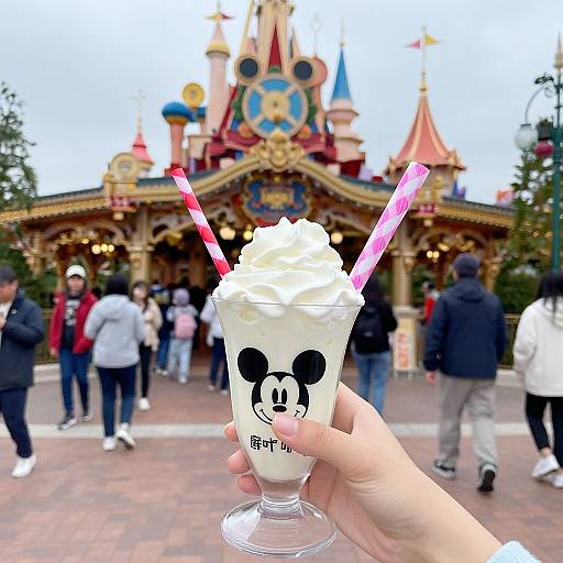 Photograph of a hand holding a Mickey Mouse-themed milkshake with pink striped straws, in front of a colorful, bustling Disney castle backdrop.