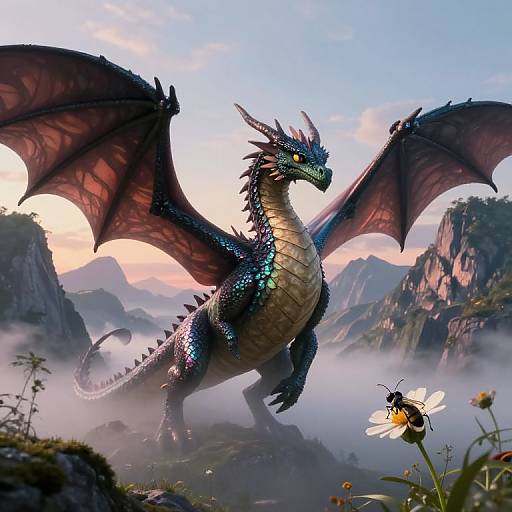 Digital fantasy artwork of a majestic blue dragon with iridescent scales, large wings, and a golden underbelly, standing in a misty mountain