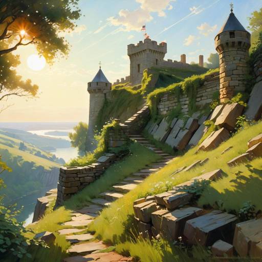 Sunlit Castle on Hilltop with River View