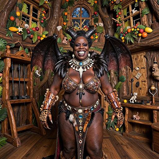 Photograph of a dark-skinned woman with black wings, horns, and festive attire, standing in a wooden, Christmas-decorated room.