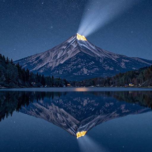 Photograph of a snow-capped mountain illuminated at the peak, reflecting in a calm, starry night lake, with a clear, dark blue sky