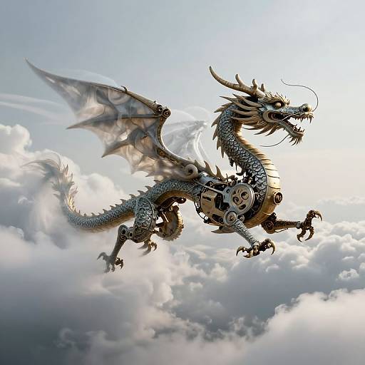 Digital artwork of a mechanical, steampunk dragon with intricate gears and wings, soaring through a bright, cloudy sky.