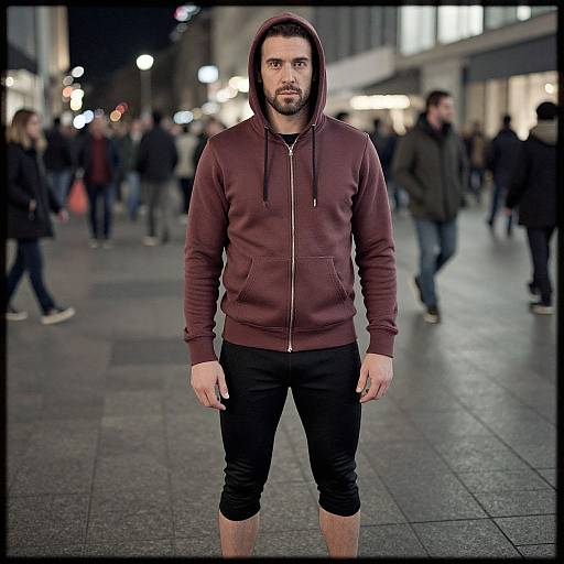 Photograph of a bearded man with dark hair, wearing a maroon hoodie and black capri pants, standing in a nighttime urban street with blurred