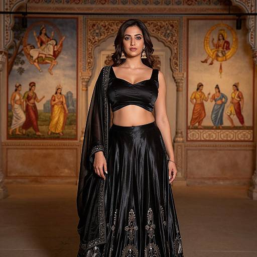 Photograph of a confident South Asian woman in a black traditional outfit with a crop top and long skirt, standing in an ornately decorated room with religious