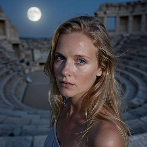 Photograph of a blonde woman with blue eyes, wearing a white top, against a moonlit ancient amphitheater backdrop. Her expression is serious,