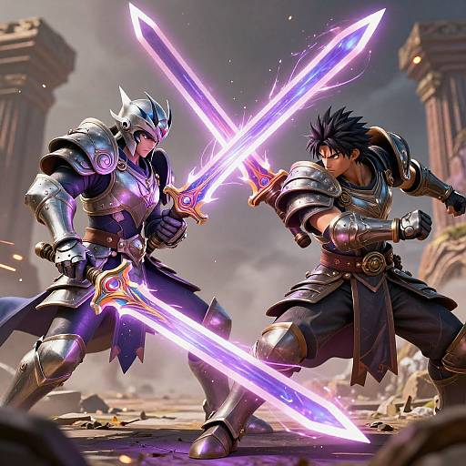 Digital artwork of two armored warriors clashing with glowing purple swords in a ruined, dusty battlefield with ancient pillars.