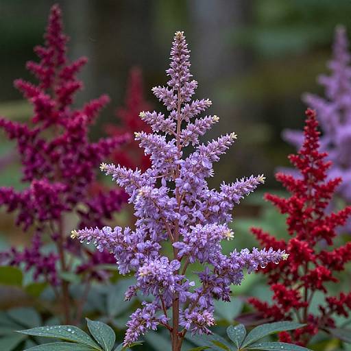 Photograph of a vibrant lavender-colored heather flower in sharp focus, surrounded by blurred red and magenta heather flowers in a lush garden.
