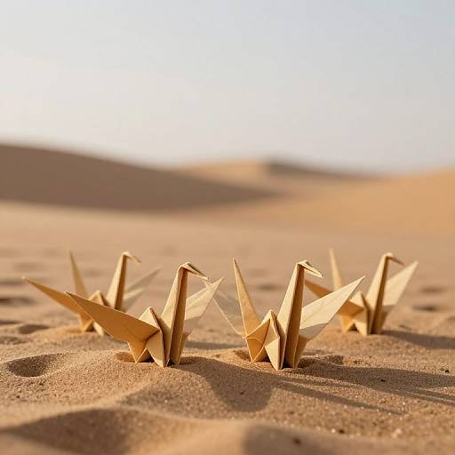 Photograph of five paper origami boats scattered in golden sand dunes under a bright, clear sky, with blurred horizon.