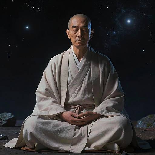 Photograph of an elderly Asian man with bald head, closed eyes, and serene expression, sitting cross-legged in a white kimono against a starry