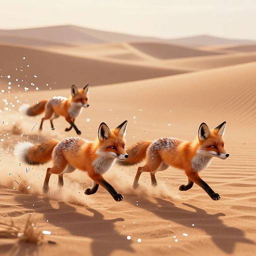 Photograph of three red foxes running through golden sand dunes with sparkling sand particles in bright sunlight, shadows cast on the ground.