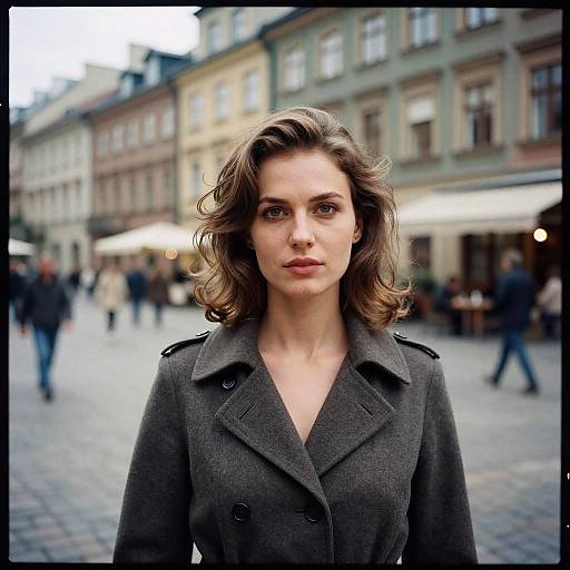 Photograph of a serious, fair-skinned woman with shoulder-length, wavy brown hair in a dark gray coat standing in a blurred, European town