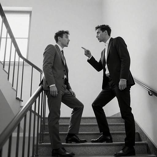 Black-and-White Stairwell Confrontation Between Two Men