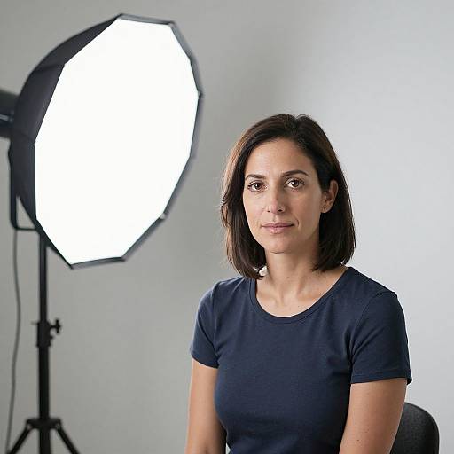 Photograph of a brunette woman with shoulder-length hair, wearing a navy blue t-shirt, seated in front of a bright studio light.