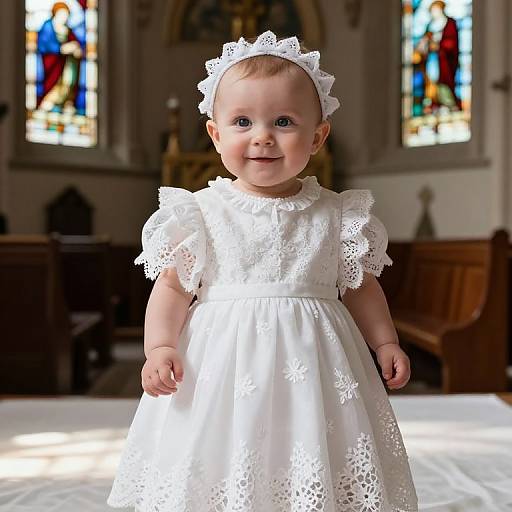 Photograph of a smiling baby girl in a white lace dress and headband, standing in a church with stained glass windows.