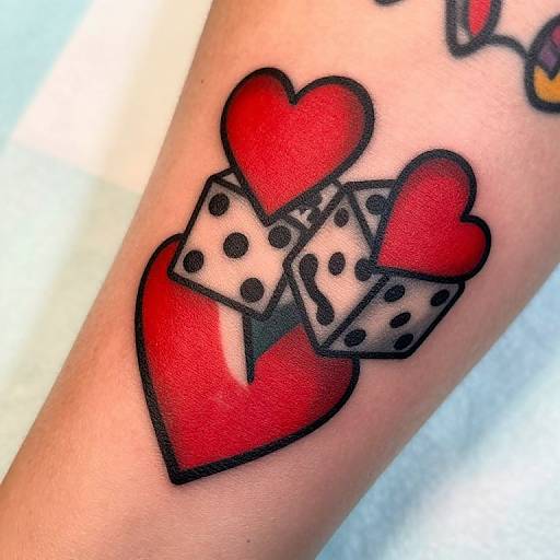 Tattoo of two red hearts with black outlines, crossed by a white dice with black spots on an arm.