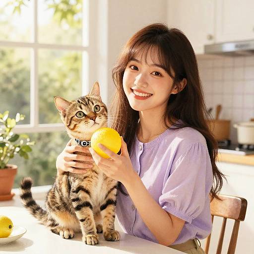 Asian woman with long brown hair, smiling, holding a yellow lemon to a tabby cat with a collar, in a sunlit kitchen.