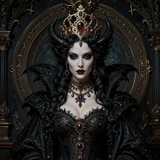Digital art of a pale, white-skinned, dark-haired queen with black horns, red eyes, dark lipstick, ornate gold crown, and black