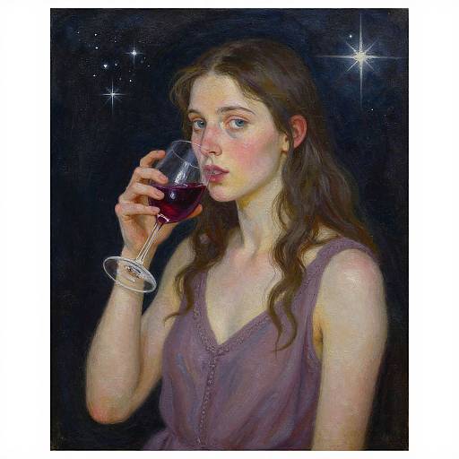 Oil painting of a young woman with wavy brown hair, fair skin, and blue eyes, sipping red wine against a dark starry background.