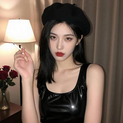 Woman in Black Beret Holding Cigarette