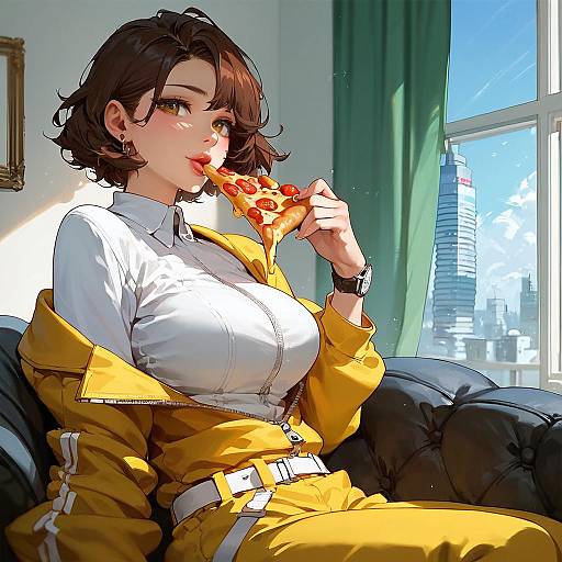 Digital anime-style drawing of a short-haired brunette woman with large breasts, eating pizza in a yellow jumpsuit, sitting on a black couch by a sunny