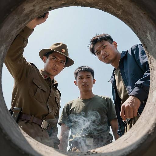 Three Men Looking Through Circular Opening