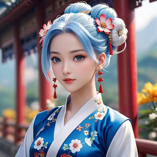 Realistic Chinese Dress Portrait Blue Hair