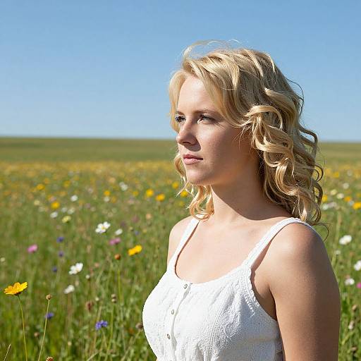 Blonde Woman in Sunlit Wildflower Field