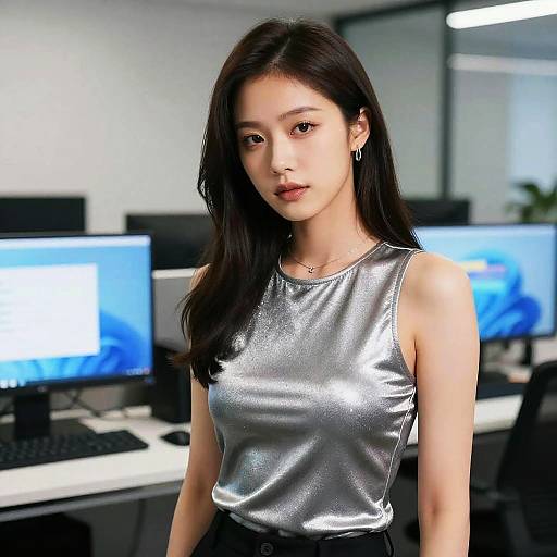 Photograph of an Asian woman with long black hair, wearing a shiny silver sleeveless top, standing in a modern office with multiple computer monitors in the
