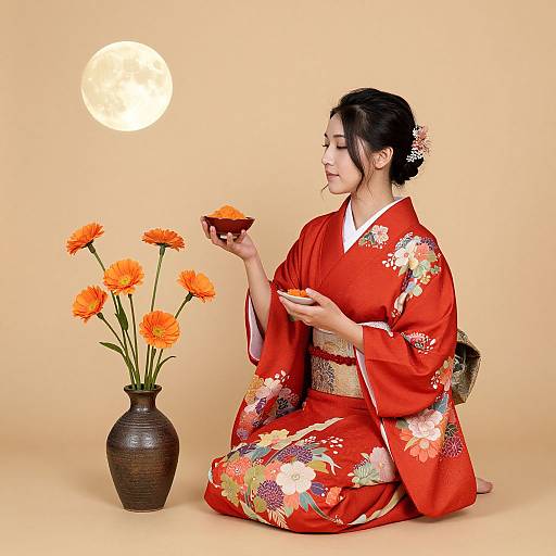 Photograph of an Asian woman in a red floral kimono, kneeling, eating orange flowers from a bowl, with a moonlit background and vase of