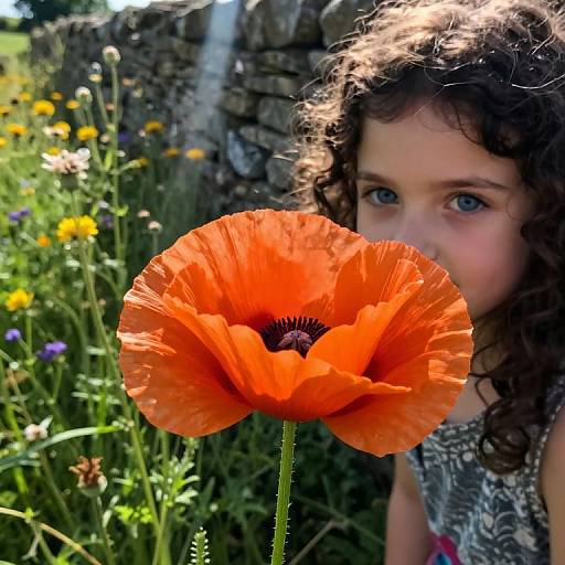 Photograph of a young girl with curly brown hair, blue eyes, and a patterned sleeve, partially hidden behind a vibrant orange poppy flower,