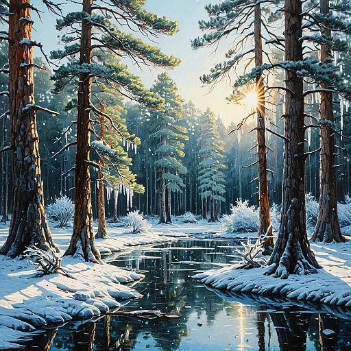 Snow-Covered Pine Forest with Frozen Pond at Sunrise