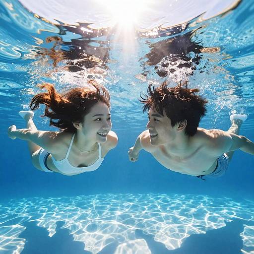 Underwater photograph of smiling Asian woman and man with wet, dark hair, swimming in clear blue pool, sunlight illuminating water.
