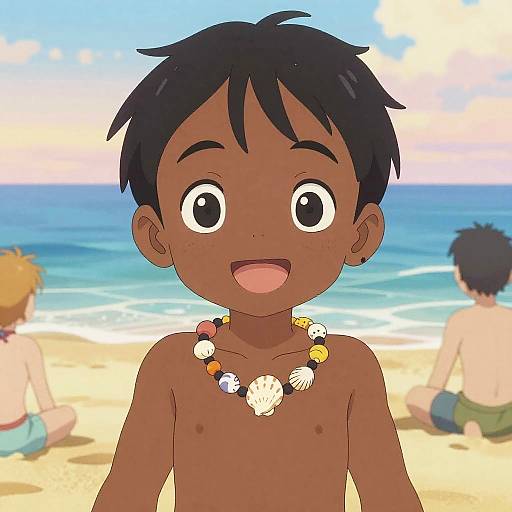 Colorful digital drawing of a smiling, dark-skinned, black-haired boy wearing a seashell necklace on a sunny beach, with two other children