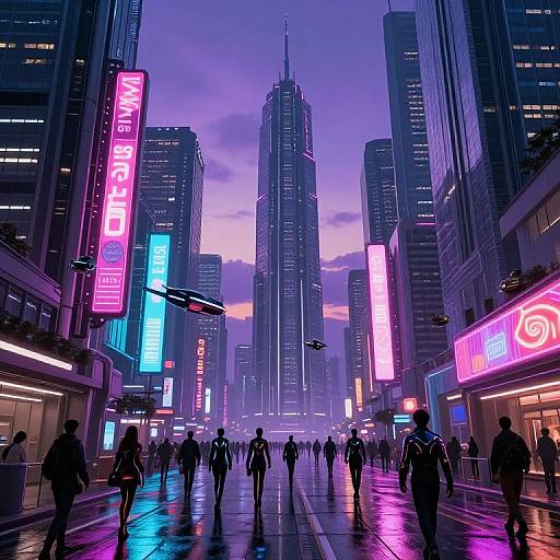Neon-lit, futuristic city street at dusk, featuring a tall skyscraper, colorful neon signs, and silhouetted pedestrians on wet pavement