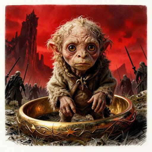 Digital illustration of a sad, wrinkled, brown-haired Gollum-like creature in a golden ring, with a red, stormy sky and dark