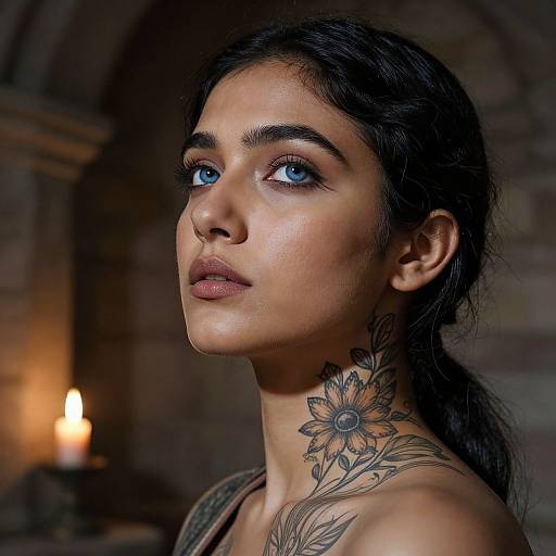 Photograph of a young woman with blue eyes, dark hair, and sunflower tattoo on her neck, illuminated by a candlelight in a dimly