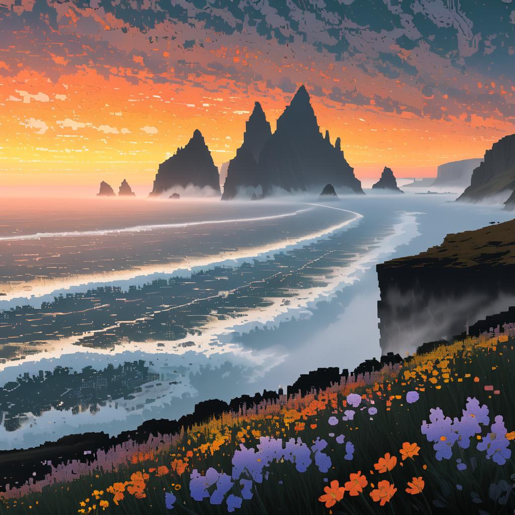 Misty Sea Stacks at Sunset in ASCII