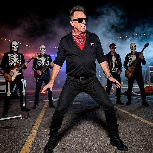 Photograph of a rock band in Halloween costumes; lead singer in black shirt, red bandana, sunglasses, center stage, with skeleton band members playing