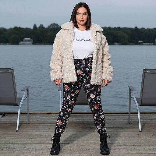 Photograph of a confident woman with straight brown hair, wearing a fluffy cream jacket, white shirt, floral pants, and black boots, standing on a