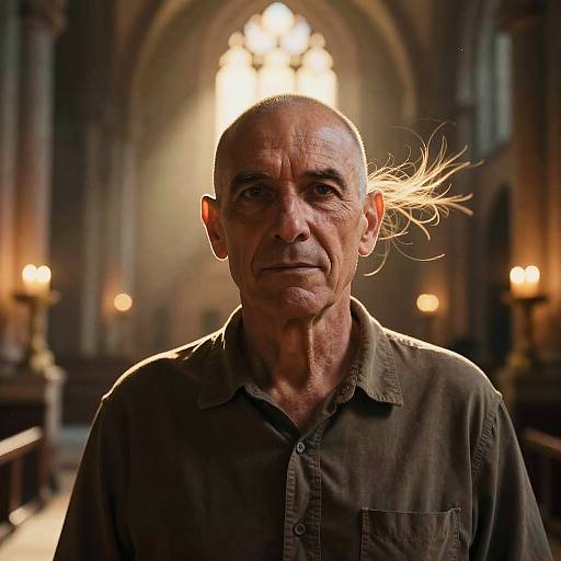 Photograph of an elderly bald man with wispy hair, wearing a dark button-up shirt, standing in a dimly lit, ornate church with