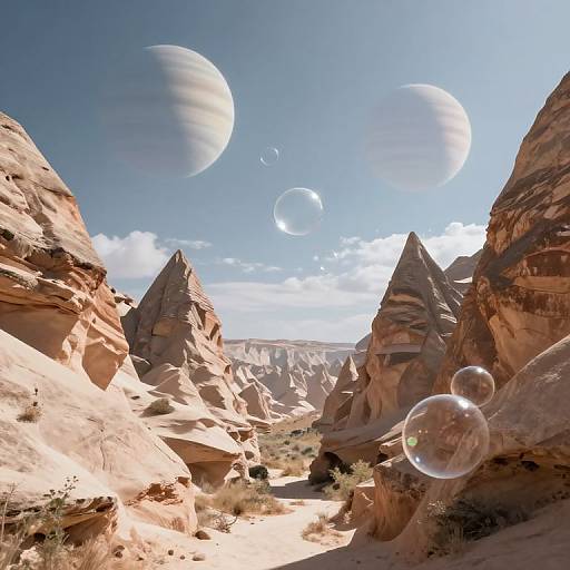 Photorealistic CGI of a desert canyon with towering rock formations, clear blue sky, three large planets, and floating bubbles.